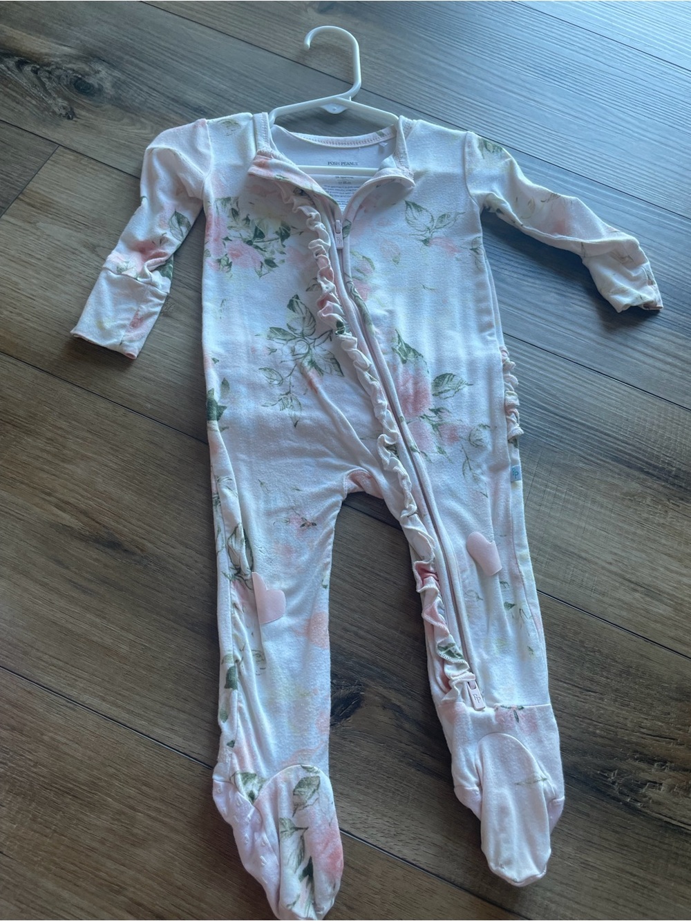Posh Peanut- Pink Floral Ruffle Footed One-Piece for Baby Girls